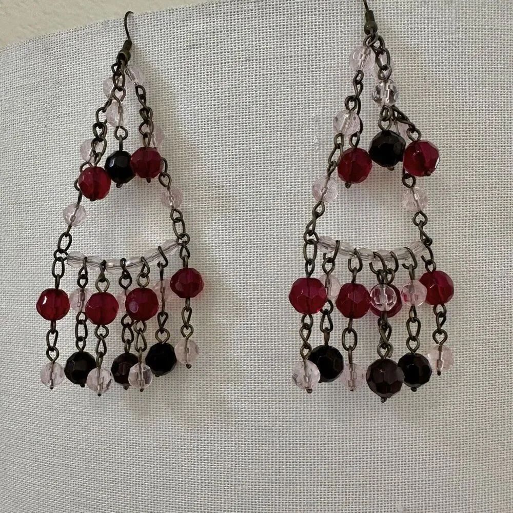 Long red pink and purple beaded earrings